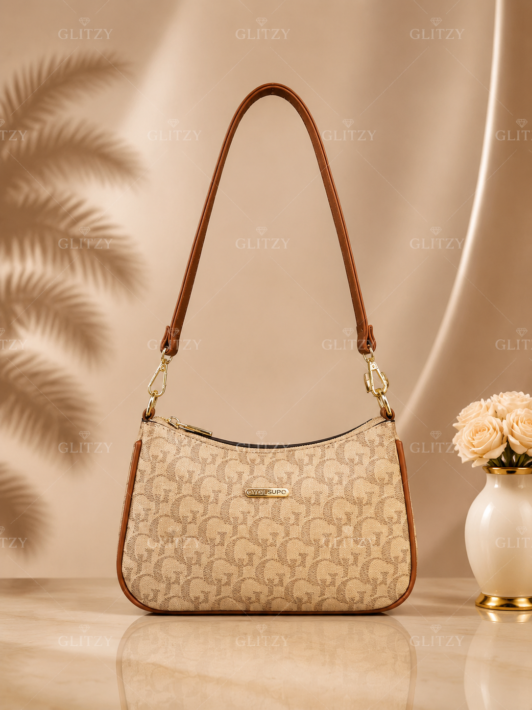 Fashionable YGLS shoulder sling bag and long strap. | GLITZY brown