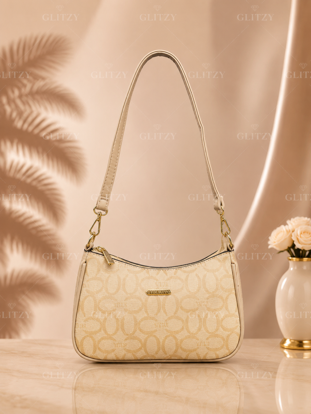 Fashionable YGLS shoulder sling bag and long strap. | GLITZY beige