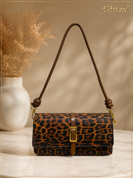 fashionable shoulder bag with slim short belt and long strap. | leopard brown