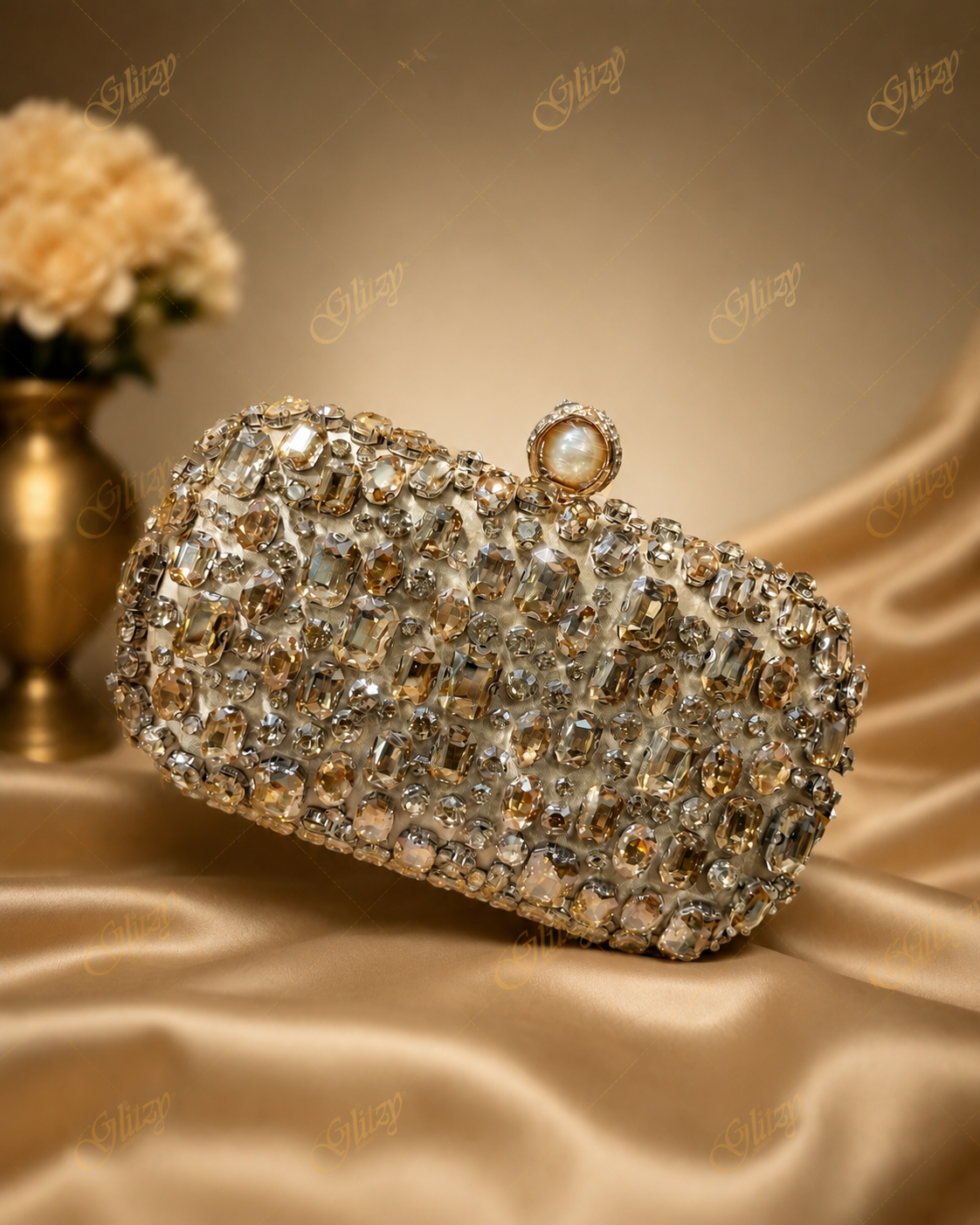 Ladies gorgeous shiny stone worked evening party clutch pearl lock | Glitzy