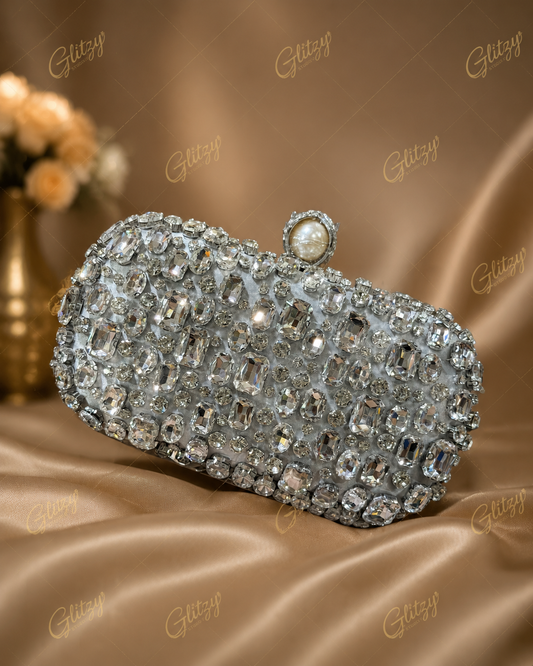 Ladies gorgeous shiny stone worked evening party clutch pearl lock | Glitzy