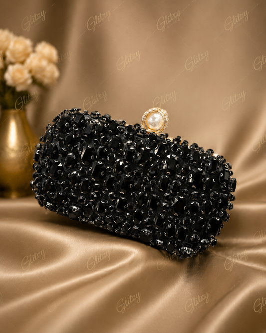 Ladies gorgeous shiny stone worked evening party clutch pearl lock | Glitzy