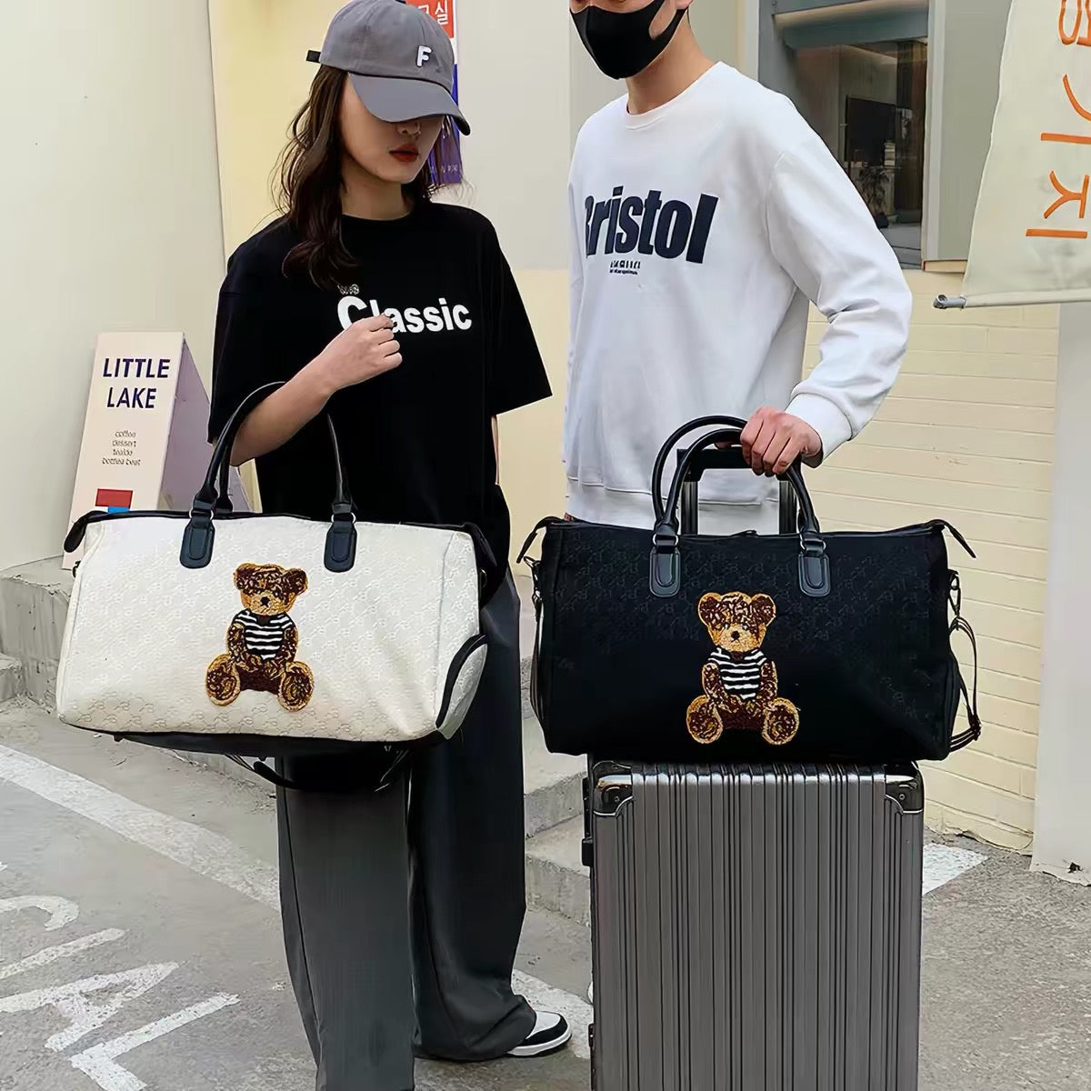 Women's Monogram Teddy Bear Weekender Bag – Travel Duffel with Dedicated Shoe Compartment & Dry Wet Separator