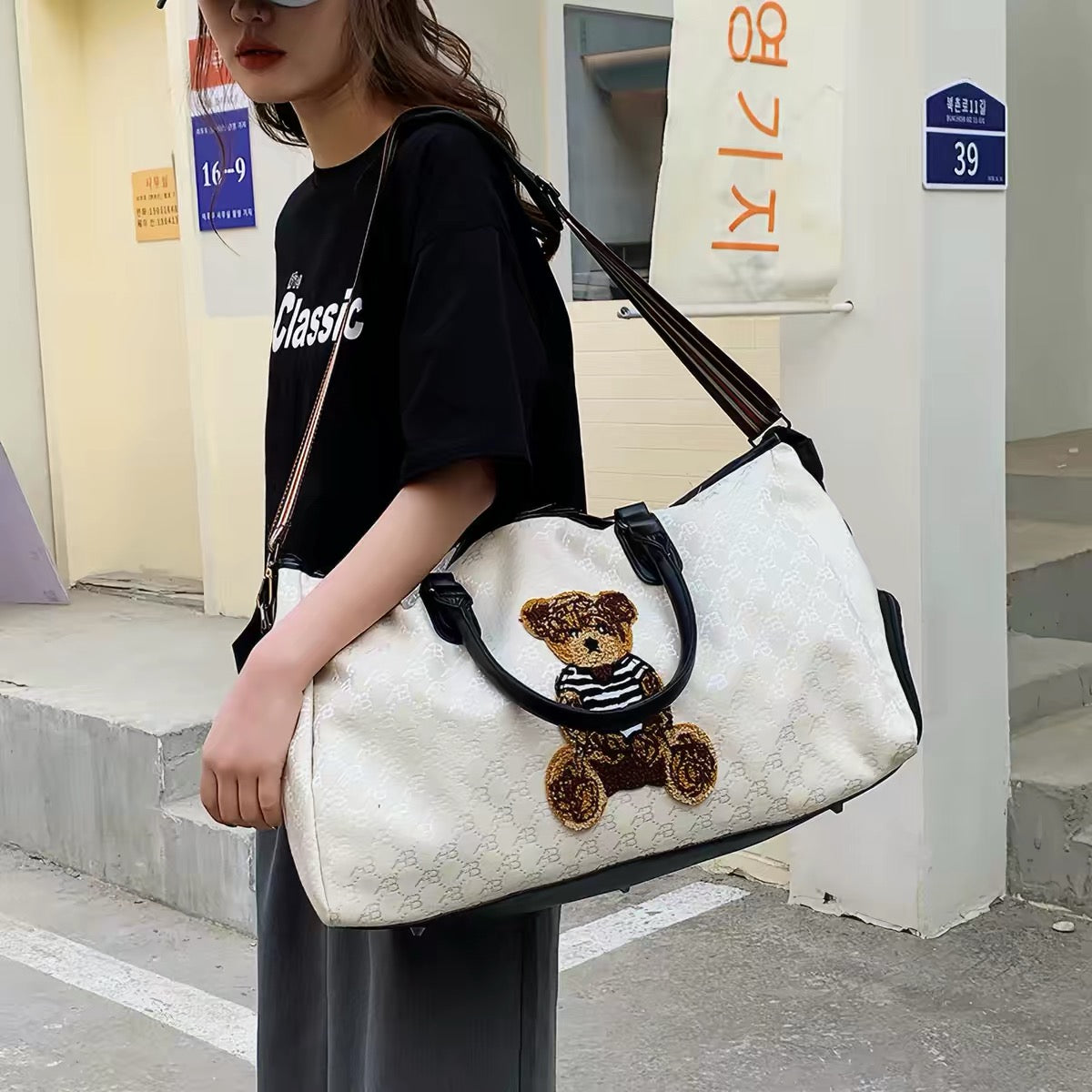Women's Monogram Teddy Bear Weekender Bag – Travel Duffel with Dedicated Shoe Compartment & Dry Wet Separator