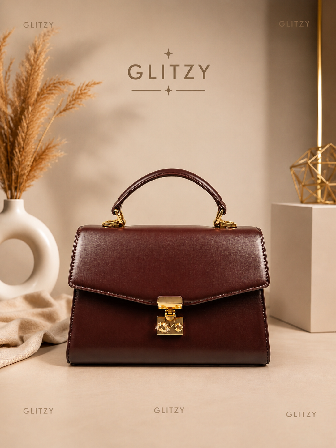 Glitzy Women's Structured Top-Handle Satchel Bag with Gold Lock | Glitzy