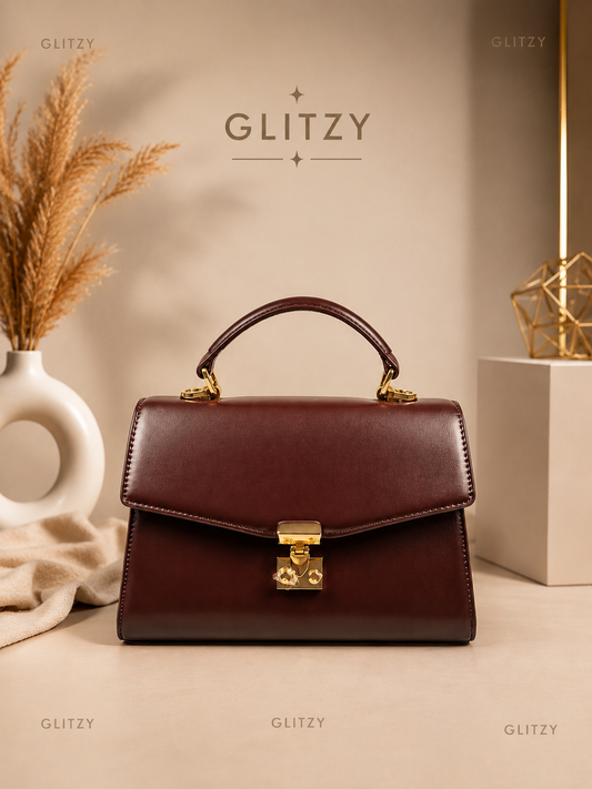 Glitzy Women's Structured Top-Handle Satchel Bag with Gold Lock | Glitzy