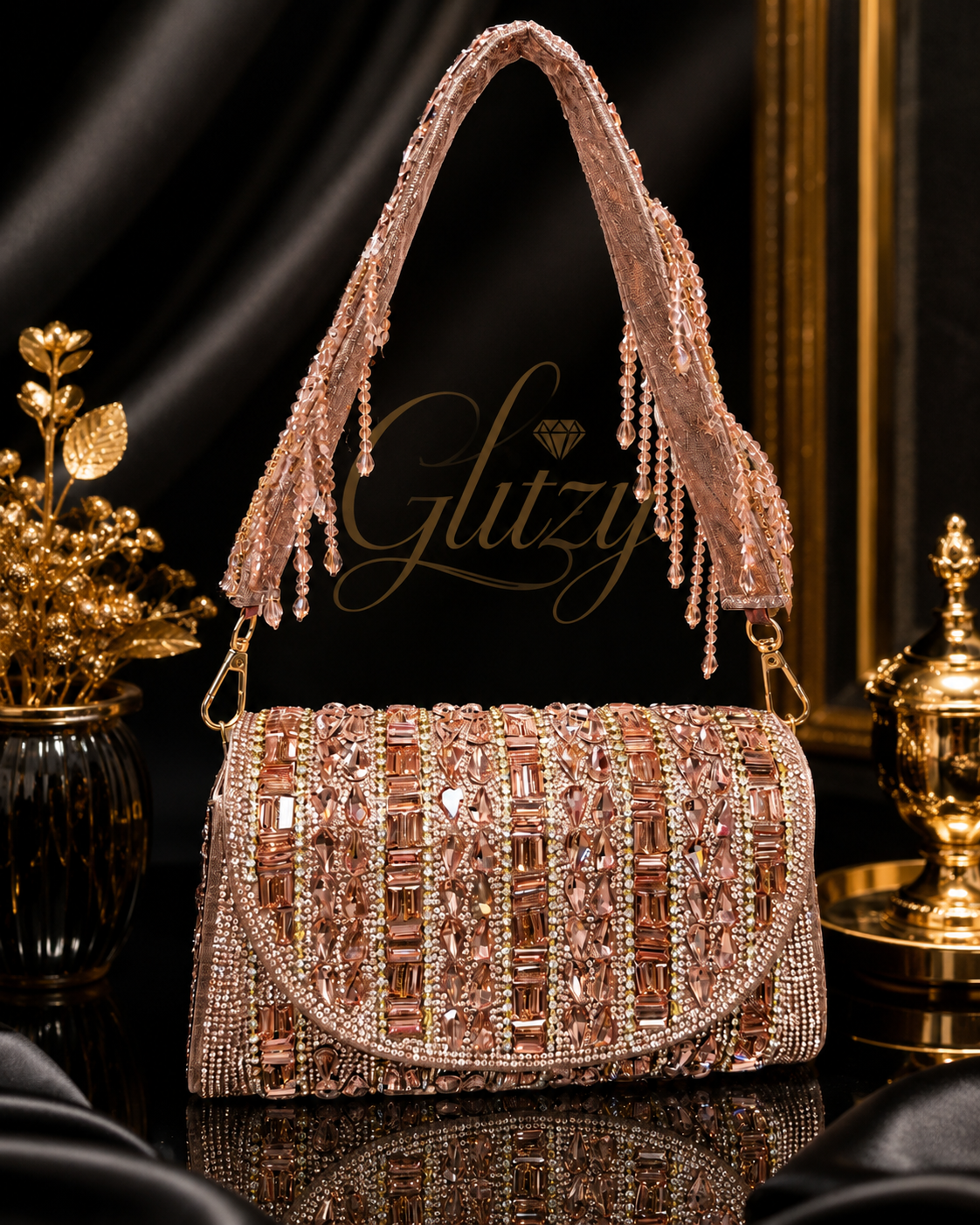 ⁠Glitzy Crystal Rose Gold Rhinestone Evening Bag – Beaded Flap