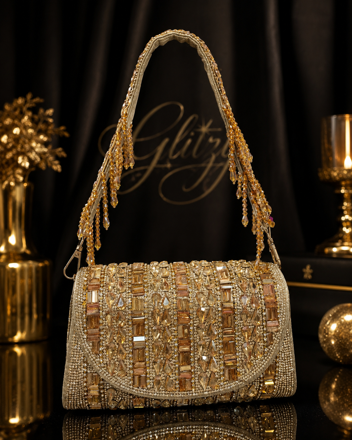 Gold Embellished Evening Bag with Crystal Tassel Strap⁠