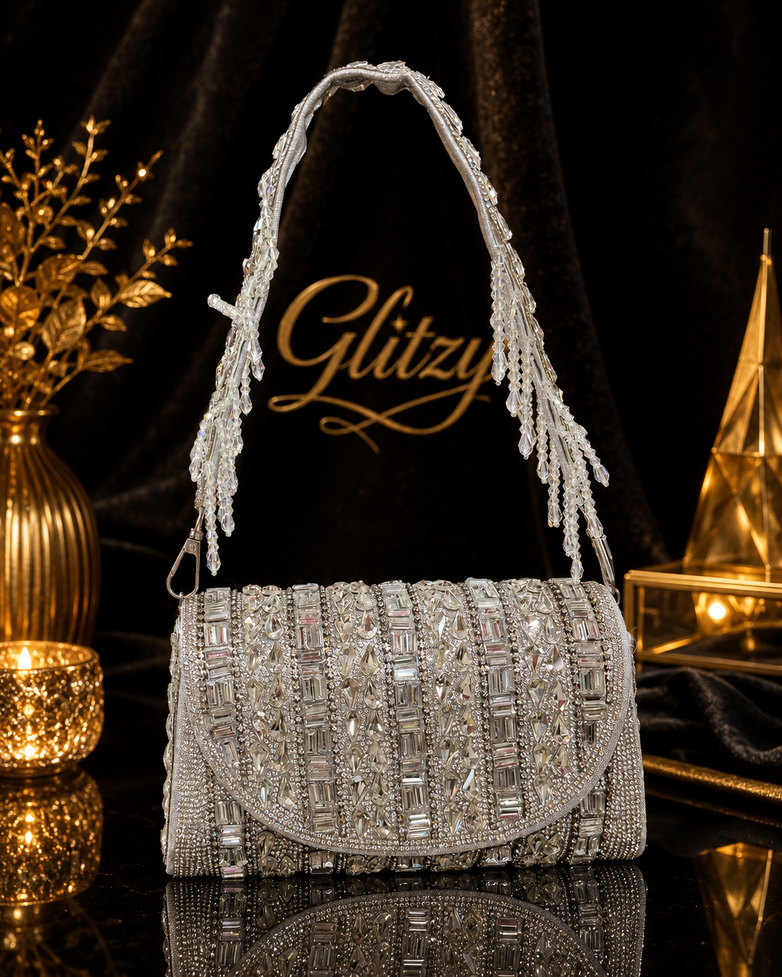 Silver Crystal Embellished Shoulder Bag with Beaded Fringe Handle⁠