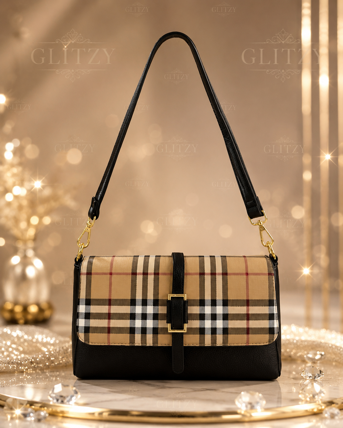 Women's Classic Plaid Flap Shoulder Bag with Gold Buckle | Glitzy BBcheck