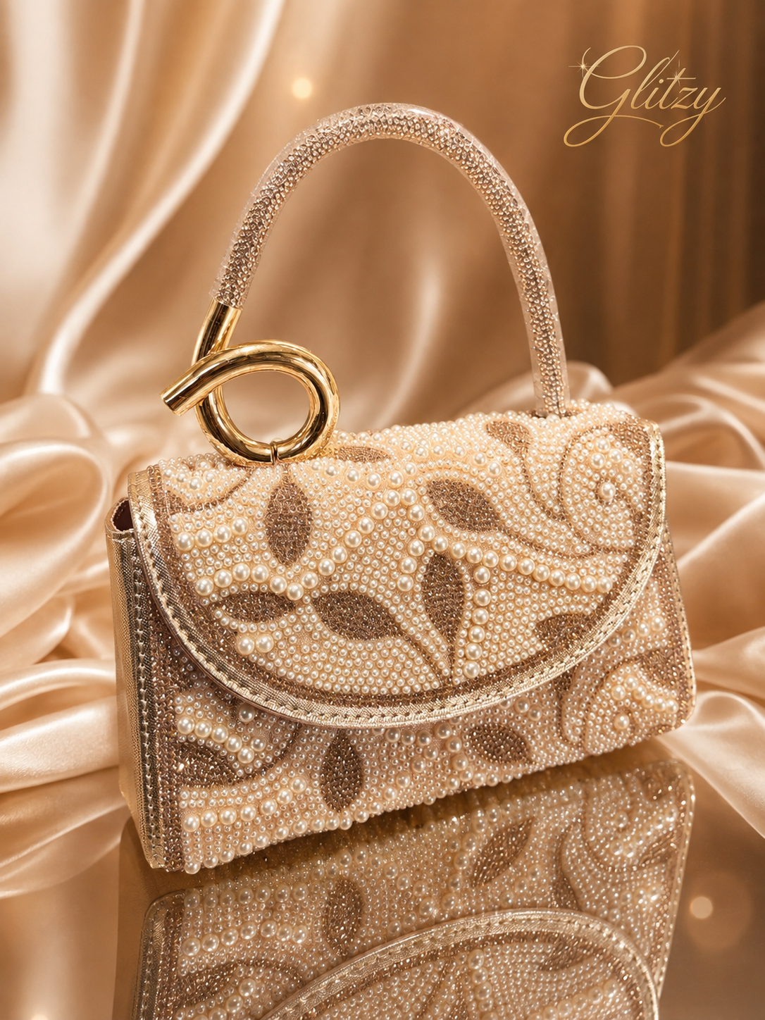 Glitzy Pearl & Rhinestone Embroidered Evening Clutch Bag | Bridal Handbag