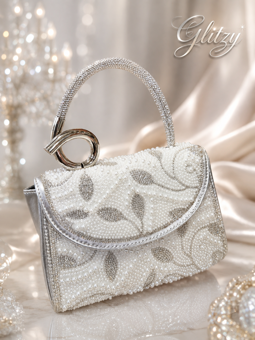 Glitzy Pearl & Rhinestone Embroidered Evening Clutch Bag | Bridal Handbag