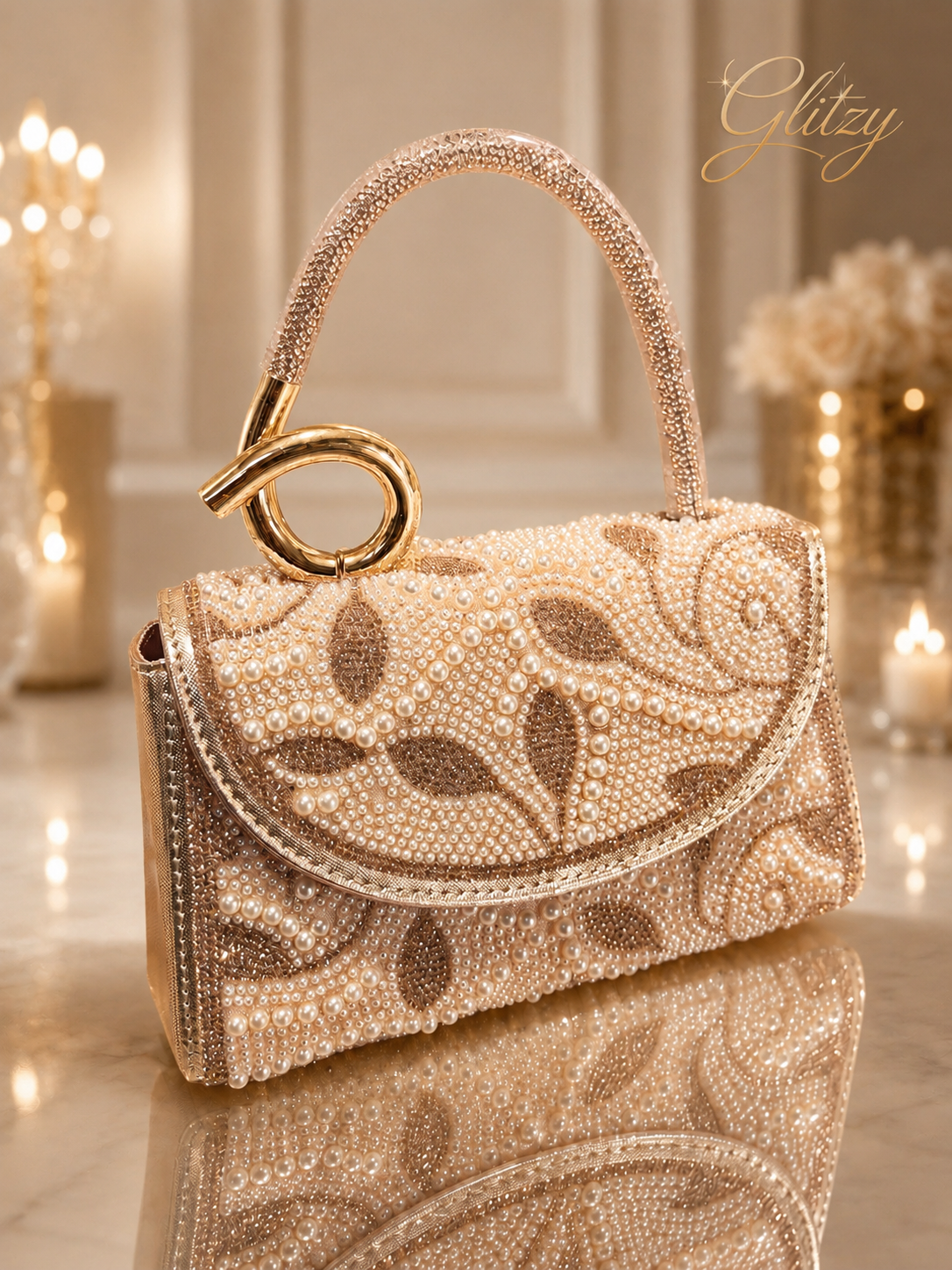 Glitzy Pearl & Rhinestone Embroidered Evening Clutch Bag | Bridal Handbag