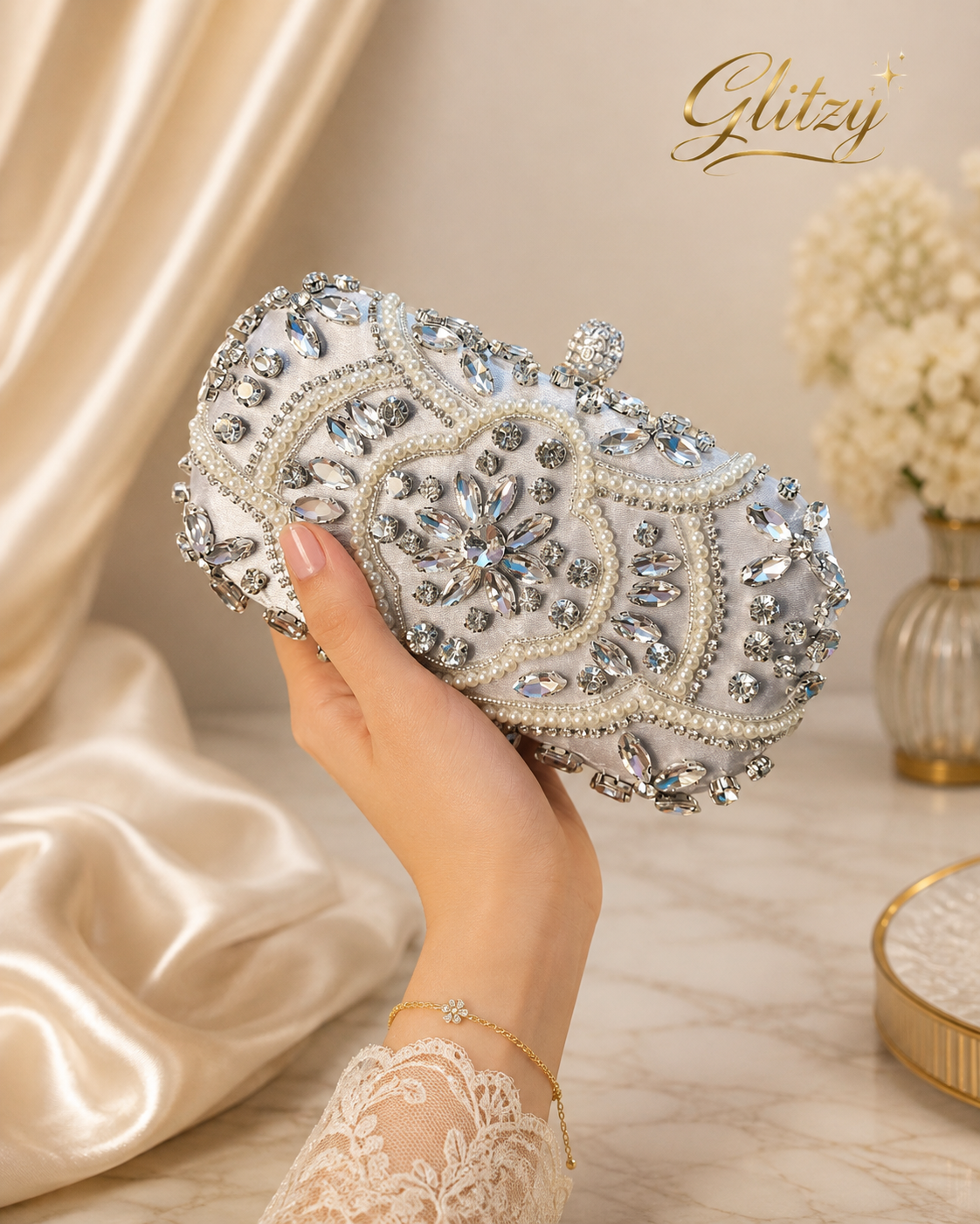 Pearl & Crystal Evening Clutch Bag for Women | Glitzy