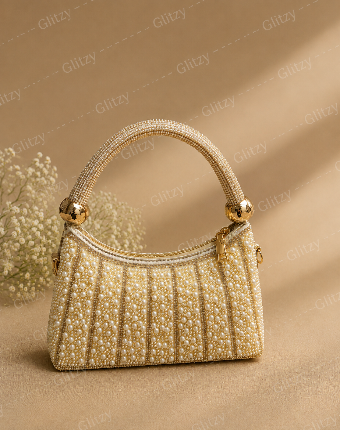 Pearl Beaded Handbag with Gold Sphere Handle – Women's Evening Bag