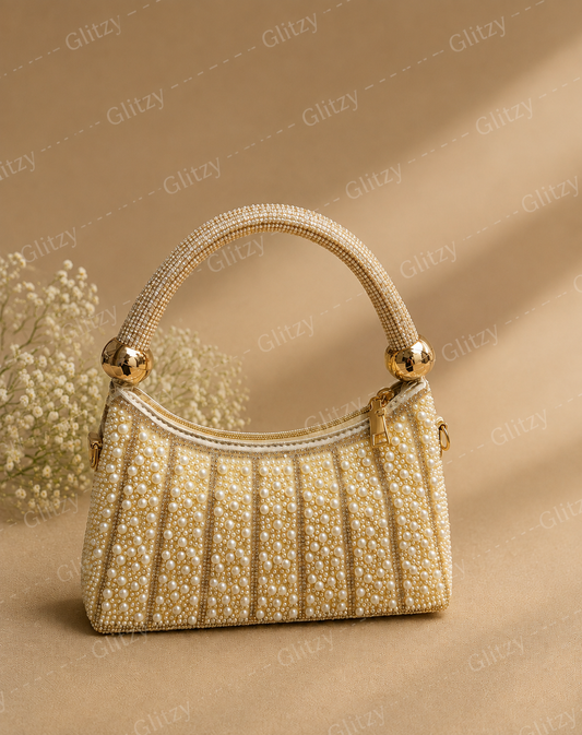 Pearl Beaded Handbag with Gold Sphere Handle – Women's Evening Bag