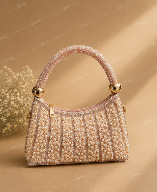 Pearl Beaded Handbag with Gold Sphere Handle – Women's Evening Bag