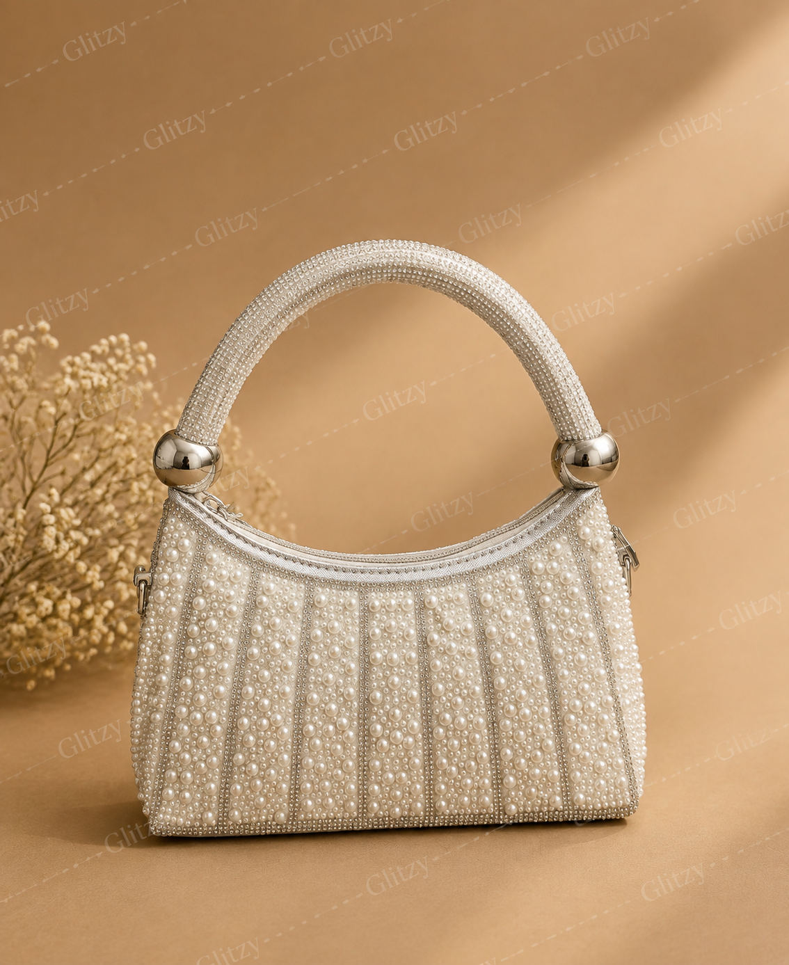 Pearl Beaded Handbag with Gold Sphere Handle – Women's Evening Bag