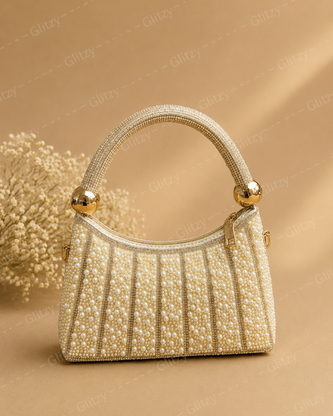 Pearl Beaded Handbag with Gold Sphere Handle – Women's Evening Bag