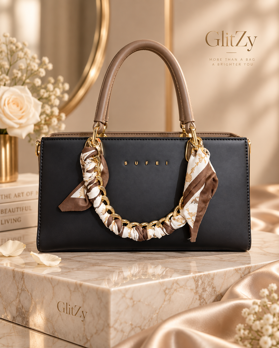 SUFEI Premium Leather Handbag for Women – Scarf Chain Handle Tote Bag in BD