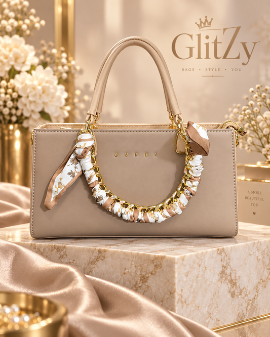SUFEI Premium Leather Handbag for Women – Scarf Chain Handle Tote Bag in BD