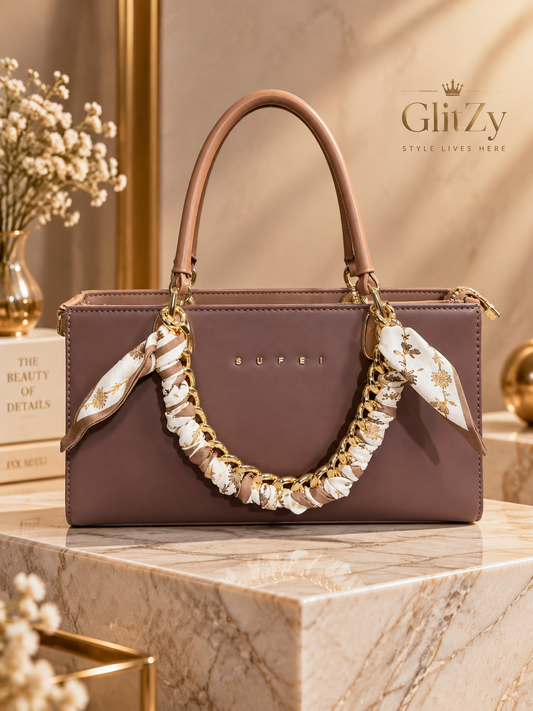 SUFEI Premium Leather Handbag for Women – Scarf Chain Handle Tote Bag in BD