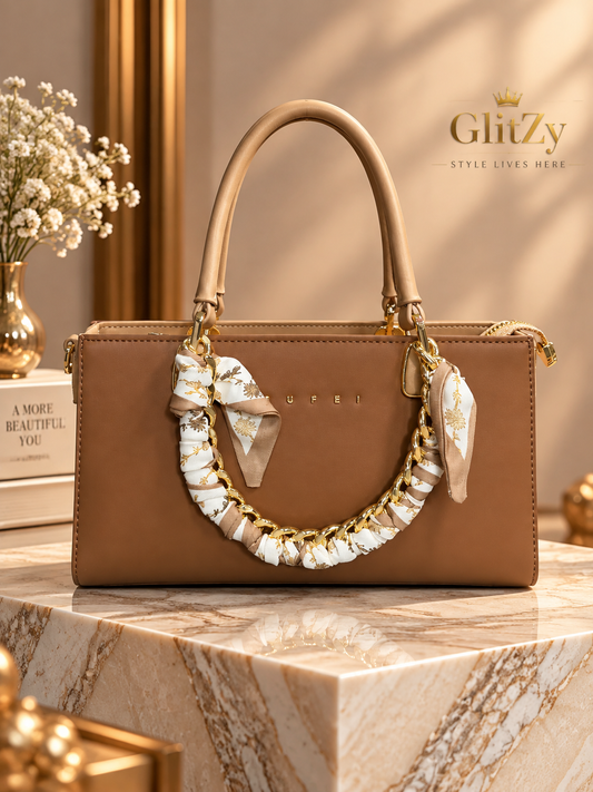 SUFEI Premium Leather Handbag for Women – Scarf Chain Handle Tote Bag in BD