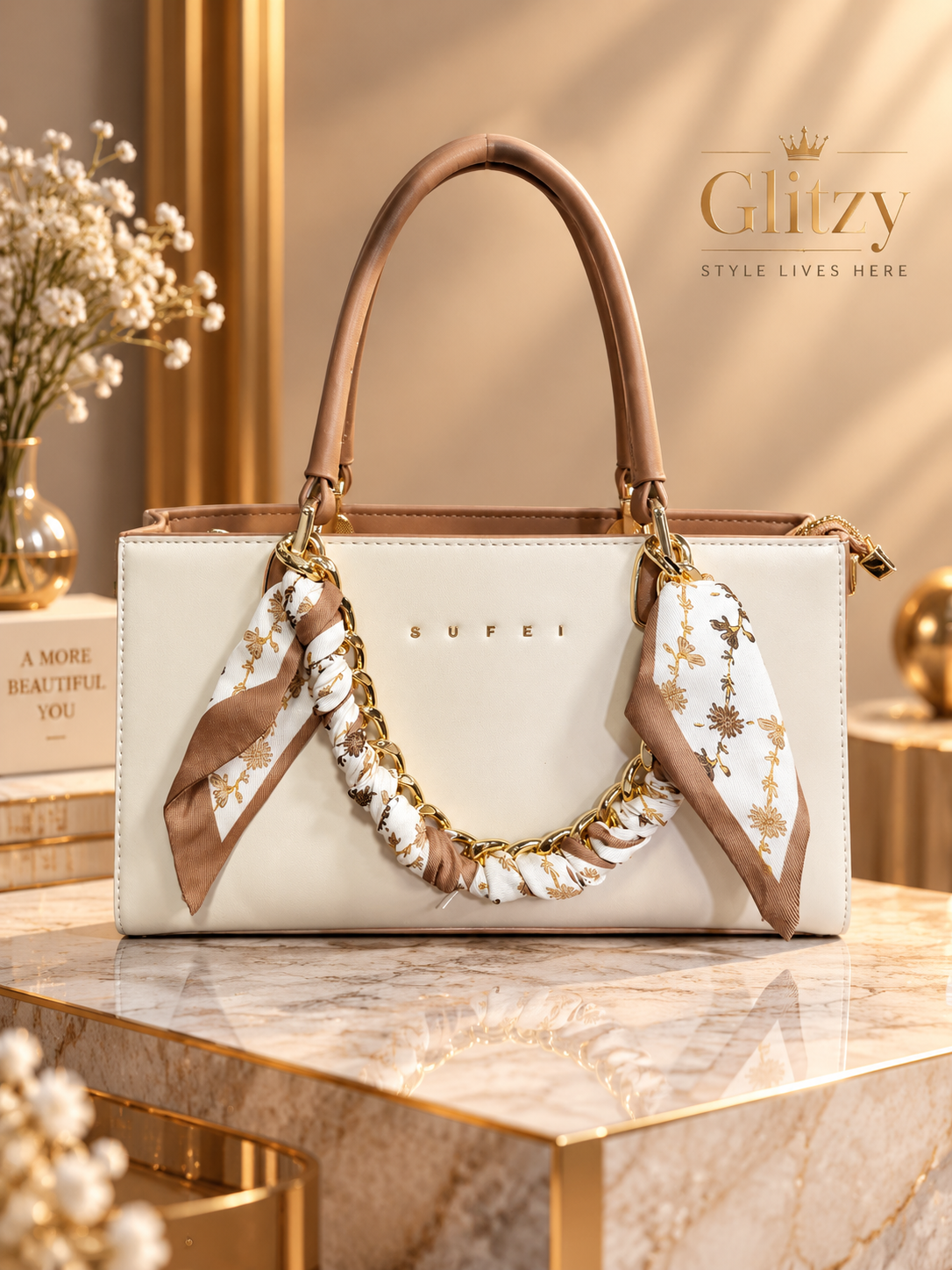 SUFEI Premium Leather Handbag for Women – Scarf Chain Handle Tote Bag in BD