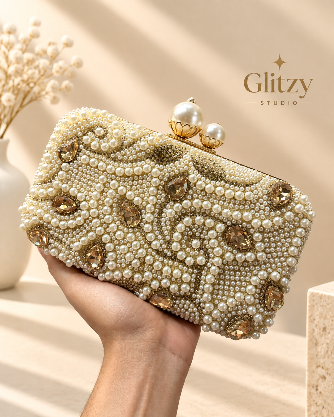 Pearl Beaded Evening Clutch – Luxury Crystal Rhinestone Wedding Purse
