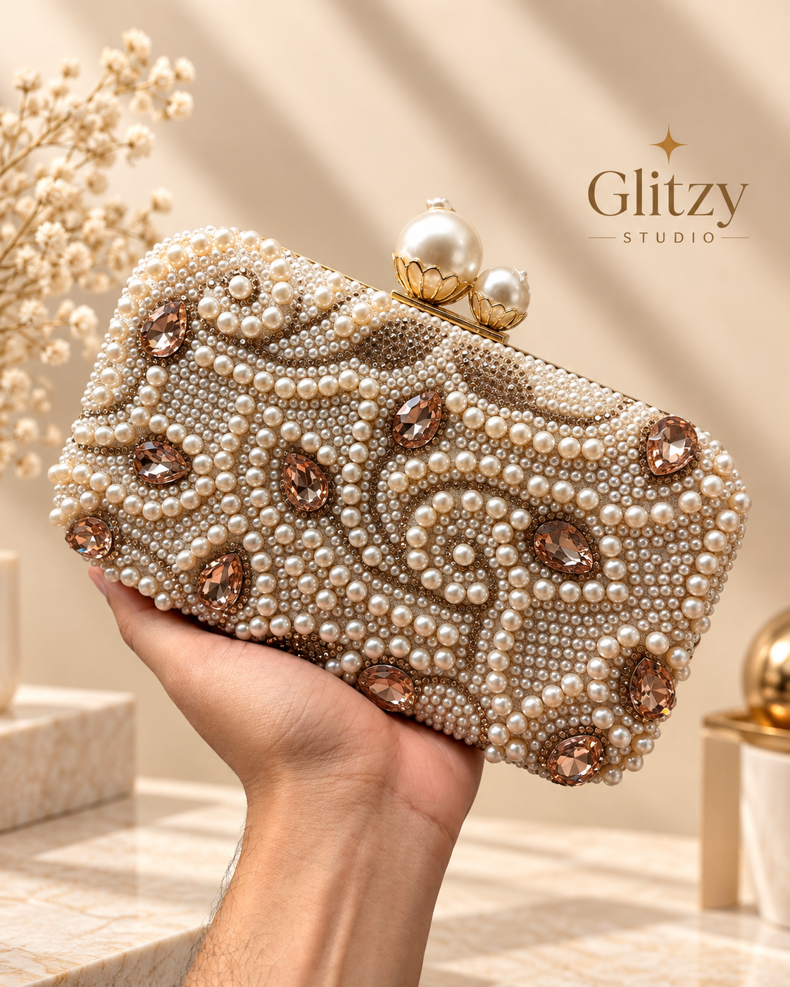 Pearl Beaded Evening Clutch – Luxury Crystal Rhinestone Wedding Purse